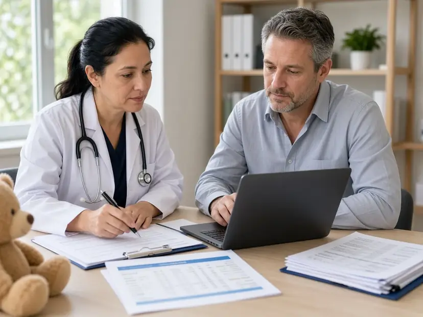 Clinician and parent reviewing therapy paperwork at a desk
