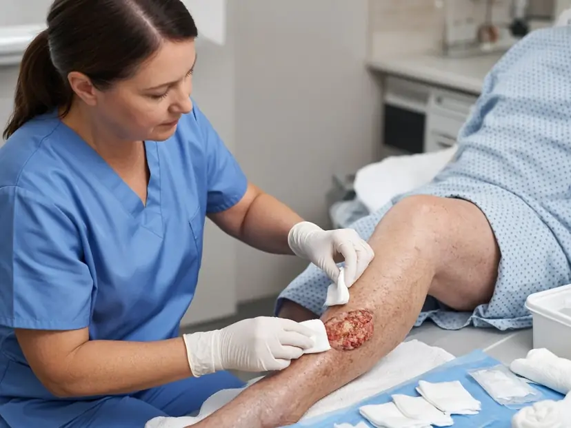 Home health nurse treating a patient